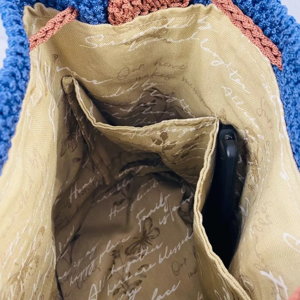 Shoulder Bag Handmade Crochet Bucket Bag Blue Brown Knit Ruffle Trim Drawstring